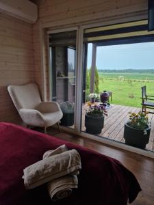 a room with a bed and a window with a patio at Medsukys - Namukai Dviem in Griniūnai +47 photos