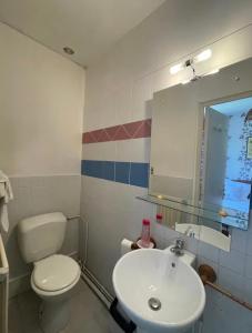 a bathroom with a white toilet and a sink at Chambres du Causse in Saint-Cernin-de-Larche