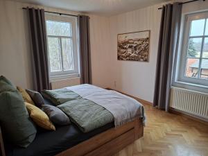 a bedroom with a bed and two windows at Holiday Apartment Henry - Auszeit unter alten Balken in Arnstadt