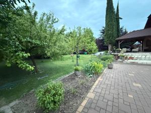 a garden with a brick walkway with plants and trees at Ubytovanie pri lese a vode in Hamuliakovo