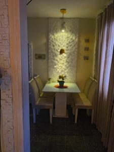 a table with two benches and a potted plant on it at Sobral hostel in Magalhães Bastos