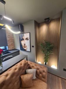 a living room with a brown couch and a window at MOCCA Lux Suite in Bitola