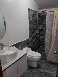 a bathroom with a toilet and a sink and a shower at Roxel Home in Baños +18 photos