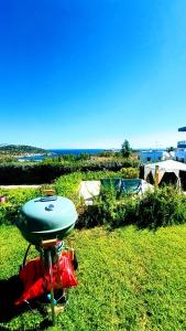 a grill sitting on top of a field of grass at Villa Infinity View Athens Riviera in Anavyssos