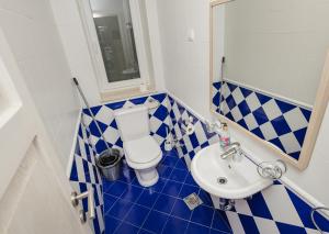 a blue and white bathroom with a toilet and a sink at Lavender house with shared pool in Herceg-Novi +69 photos