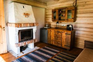 a kitchen with a fireplace in a log cabin at Sauna house with minilake in Voki