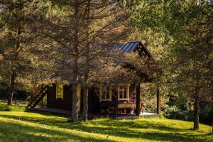 a cabin in the middle of a field with trees at Sauna house with minilake in Voki