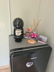 a coffee maker sitting on top of a refrigerator at Purple Diamond in Damiş +31 photos