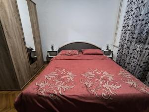 a bedroom with a bed with a red comforter at Jednosoban stan centar Ela, in Pirot