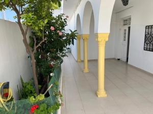 a hallway with columns and plants in a building at Charmante maison à Hammamet, proche plage et commodités in Hammamet