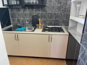a small kitchen with a sink and a stove at Mekli Guesthouse in (( Shën Ded Gjoni ))