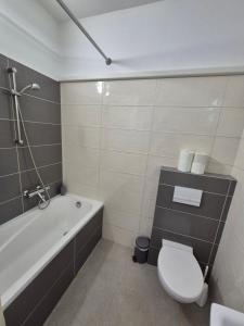 a bathroom with a tub and a toilet and a sink at Barlang utca Villa in Cserszegtomaj +14 photos