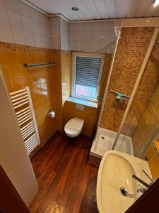 a bathroom with a toilet and a shower and a sink at WORK & Rest Monteurzimmer in Batzhausen +6 photos