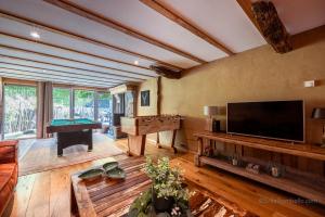 a living room with a pool table and a flat screen tv at Les Gîtes de Sprimont - Le Cottage in Sprimont