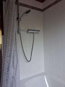 a shower in a bathroom with a shower curtain at Paths End in Port Isaac