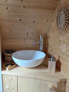 a bathroom with a white sink on a wooden wall at La cabane escagassée in Grambois