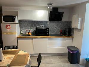 a kitchen with a counter top with a microwave at Logis Sol Levante in Arles-sur-Tech