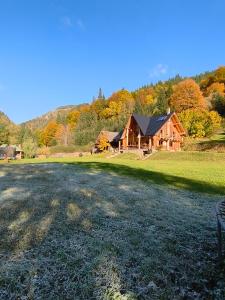 a large house on a grassy field next to a road at Pensiunea Larix in Răchiţele +25 photos