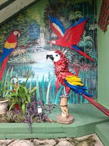 a painting of two parrots sitting on a stump at Pousada Recanto Sapoti in Barreirinhas