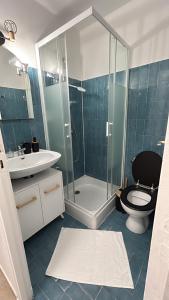 a bathroom with a shower and a toilet and a sink at 100m de la plage in La Grande Motte