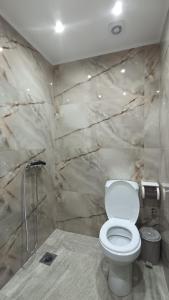 a bathroom with a white toilet and marble walls at Antonia's house on the beach in Skala Sotiros
