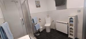 a bathroom with a toilet and a shower with blue towels at MariaS Vacation Rental in Obregón