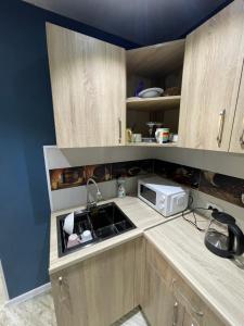 a kitchen with a sink and a microwave at Hostel Room 110 in Tbilisi City