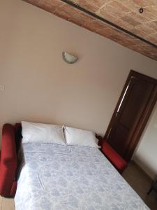 a bedroom with a bed and a red chair at Le vigne in Asti +6 photos