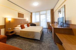 a hotel room with a bed and a flat screen tv at Art Hotel superior in Zalakaros