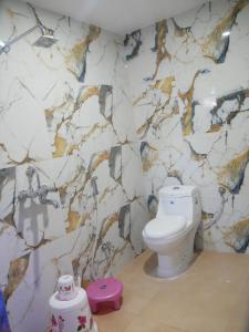 a bathroom with a toilet and a marble wall at Vaidehi Inn-A Unit of vaidehi guest house in Deoghar +40 photos