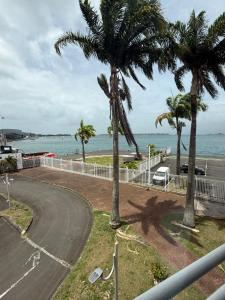 a street with palm trees next to the ocean at JPY S Suite in Pointe-à-Pitre