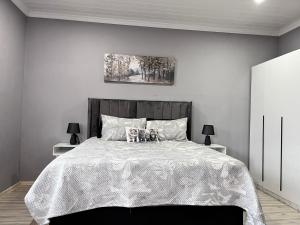 a bedroom with a large bed and two lamps at Human on Ten BnB in Summer Pride