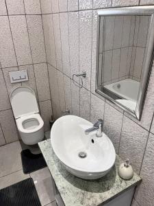 a bathroom with a sink and a toilet and a mirror at Human on Ten BnB in Summer Pride