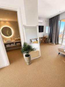 a room with a mirror and a potted plant at Almyra Suites in Archangelos
