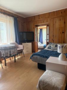 a bedroom with a bed and a flat screen tv at Tleniowo in Tleń