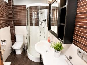 a bathroom with a sink and a shower and a toilet at Hospedium Galitrips Vila Maruja Corme in Corme-Puerto +39 photos