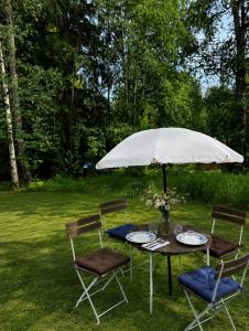 a table and chairs under an umbrella in a yard at Nyrenoverad stuga mellan två sjöar in Järlåsa