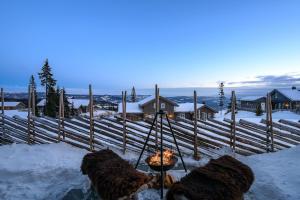 two animals standing next to a fire in the snow at High-standard cabin with jacuzzi & stunning views in Øyer
