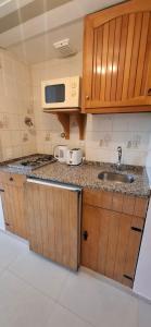 a small kitchen with a sink and a microwave at El encanto del lago in San Carlos de Bariloche