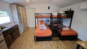a room with two bunk beds and a desk at Hasi-Stübchen in Geldern