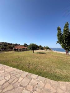 a park with a tree and a building and the ocean at Villa Nikoleta - Beach Front luxury villa with beach access in Akti Salonikiou