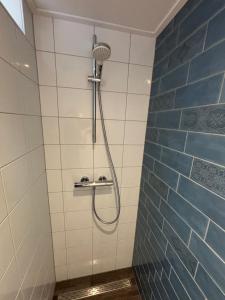 a shower in a bathroom with blue tiles at Bed en Brood Prunushof in Zelhem +12 photos
