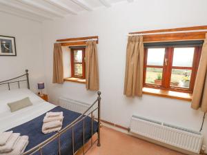 a bedroom with a bed and two windows at Ysgol Hill Cottage in Rosebush