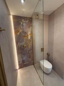 a bathroom with a shower stall and a toilet at Apartament - VIDOK 109 in Olsztyn
