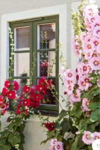 a window with flowers on the side of a house at Two small houses in Ystad