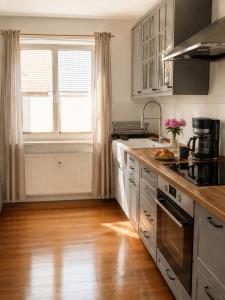 a kitchen with stainless steel appliances and a wooden floor at Gemütliche Ferienwohnungen Teterow für bis zu 10 Personen in Teterow +2 photos