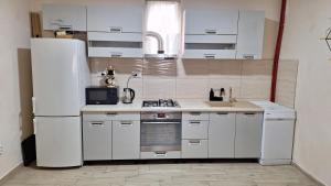a kitchen with white appliances and a white refrigerator at Veslo IN in Krčedin +8 photos