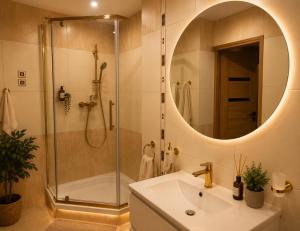 a bathroom with a shower and a sink and a mirror at Classic Apartment in Konin