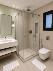 a bathroom with a shower and a toilet and a sink at NOMA New Cairo in New cairo +36 photos