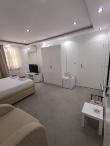 a large living room with a couch and a tv at Prenociste T-07 in Smederevo
